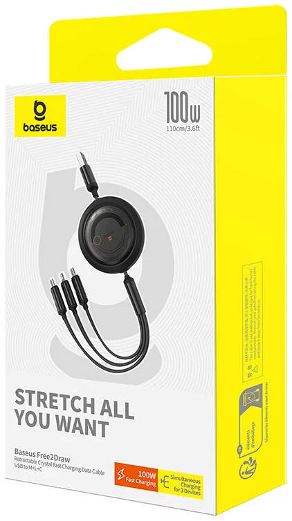 كابل بيسيوس فري2درو قابل للسحب بتصميم كريستال للشحن السريع USB-A إلى M+L+C بقدرة 100 واط وطول 1.1 متر – كلستر بلاك