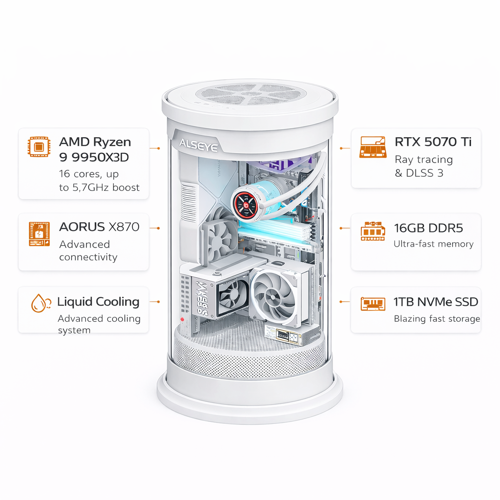Custom Gaming PC Ryzen 9 9950X3D, RTX 5070 Ti 16GB, 16GB DDR5, 1TB NVMe, Windows 11 Pro