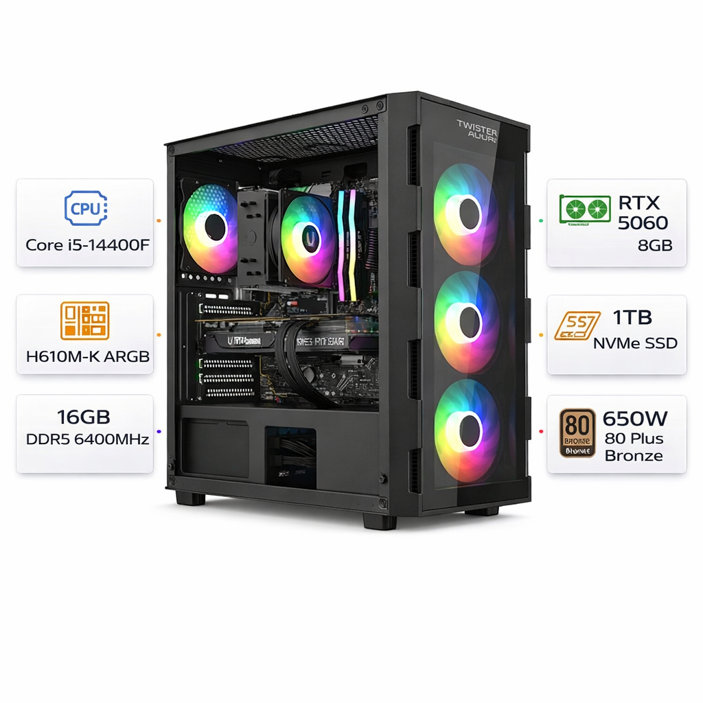 Custom Gaming PC Intel Core i5-14400F, RTX 5060 8GB, 16GB RAM DDR5 6400MHz, 1TB SSD, Windows 11 Pro