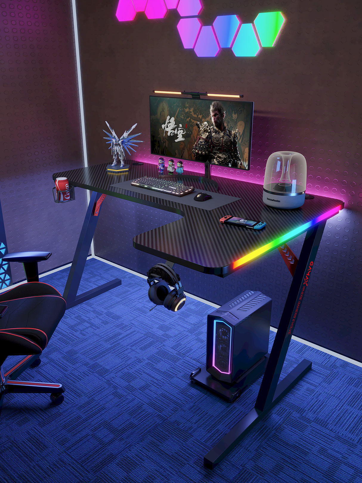 Gamax P201-RB RGB Carbon fiber Gaming Table 140*100*74 cm with Mousepad (L Shape - Right) - Black (Installation Not Included)