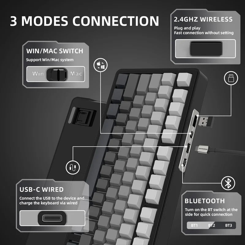 لوحة مفاتيح ميكانيكية ATTACK SHARK X85 بتصميم 75% مع اتصال Tri-Mode وتركيب Gasket-Mounted - Gradient Black White Jade Switch
