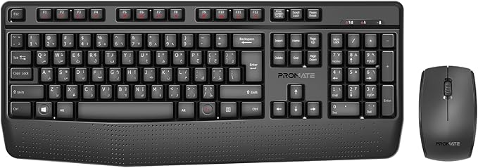 Promate ProCombo-14 English/Arabic Wireless Keyboard and Mouse Combo, 2.4GHz Wireless with Built-In Palm Rest, Multi-Grip 1200 DPI Mouse, Nano USB Receiver - Black