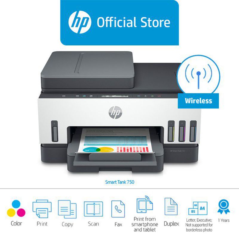 HP Smart Tank 750 AIO - 15ppm / 4800dpi / A4 / USB / LAN / Wi-Fi / Bluetooth / Color Inkjet - Printer / 6UU47A