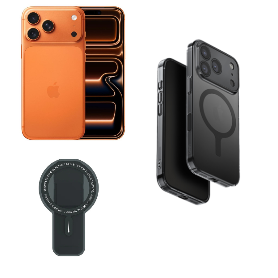 Bundle Apple iPhone 17 Pro Max(1TB)12GB RAM 6.9"-Cosmic Orange+SKINARMA MAGNETIC SMART GRIP-STAND ARCH XE PHAZE-BLACK+Uniq Airsuit MagSafe Case for iPhone 17 Pro Max - Glossy Smoke