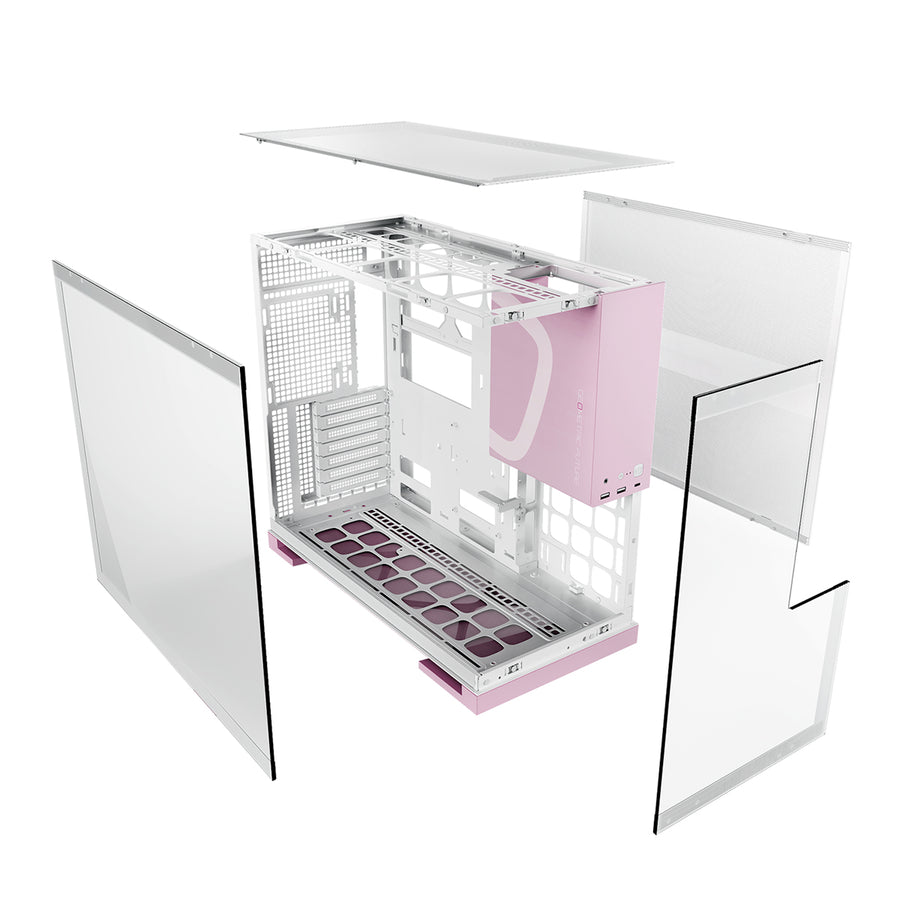 Geometric Future Model 5 Mid Tower Glass Case with 5 Fans - White & Pink