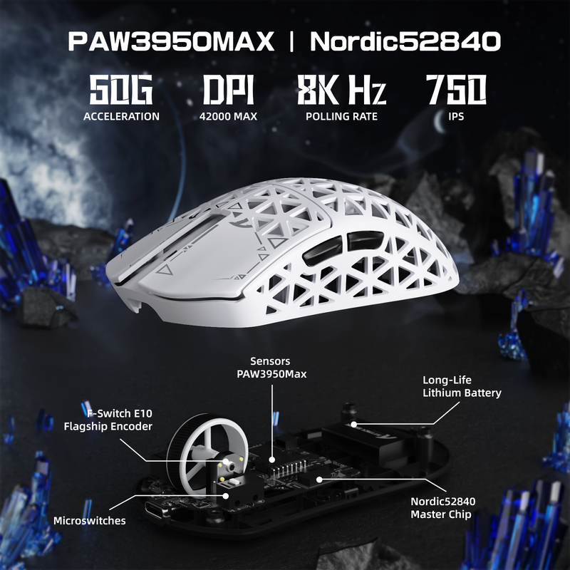 ATTACK SHARK R5 Ultra 39g SUPERLIGHT Carbon Fiber Wireless 8K PAW3950MAX Gaming Mouse PAW3950MAX up to 42000 DPI - White