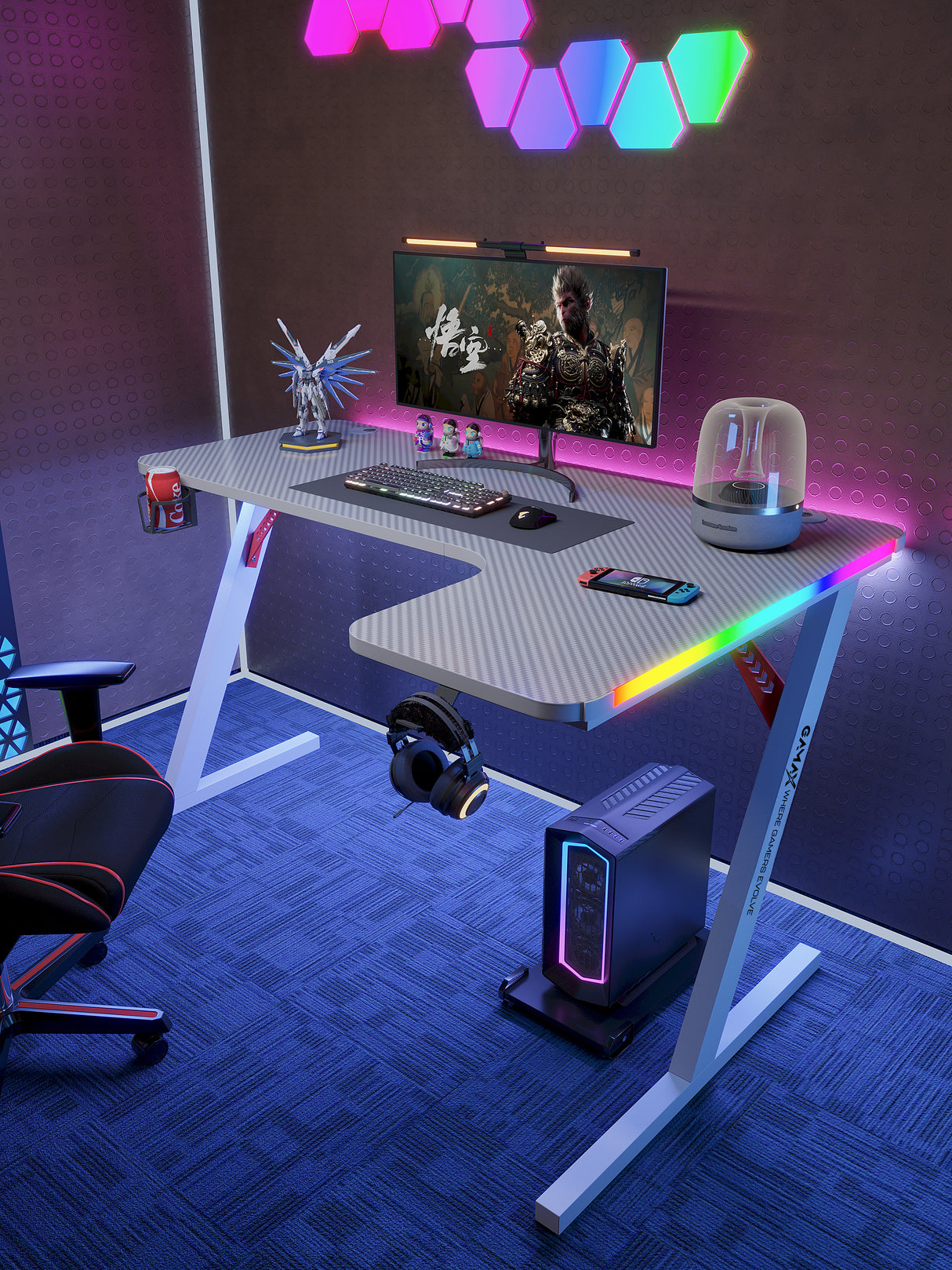 Gamax P201-RW RGB Carbon fiber Gaming Table 140*100*74 cm with Mousepad (L Shape - Right) - White (Installation Not Included)