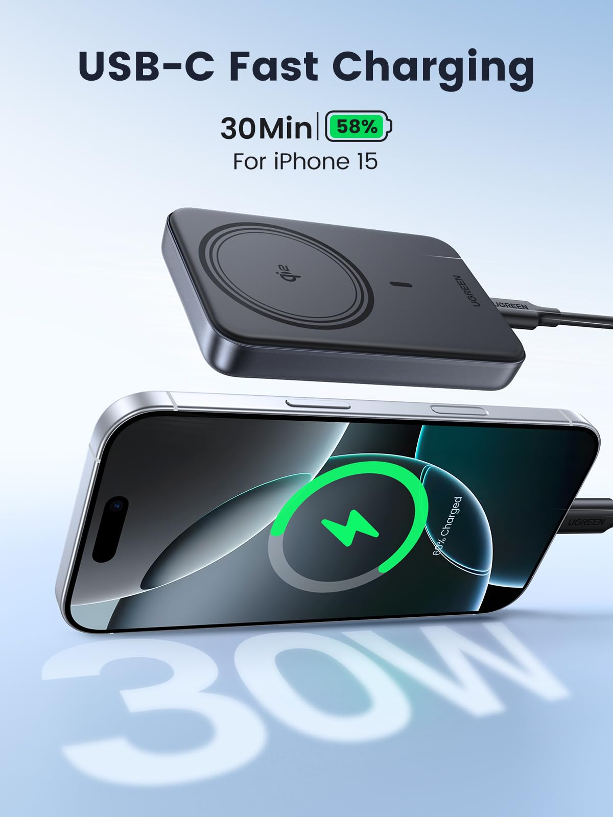 UGREEN 10000mAh 30W Magnetic Wireless Qi2 15w Power Bank (Space Gray)