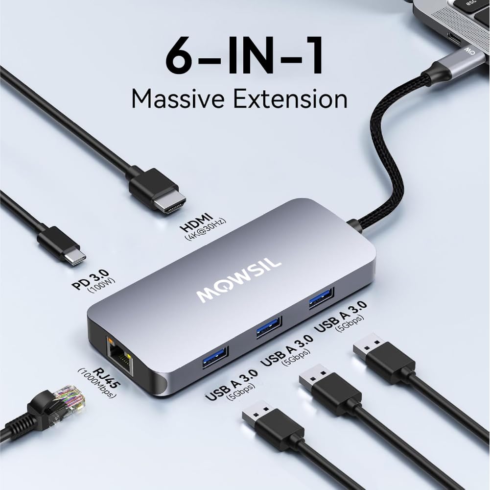 محطة إرساء موسيل 6 في 1 USB-C | HDMI بدقة 4K بمعدل 60 هرتز، شحن سريع بقدرة 100 واط، منفذ RJ45، منفذي USB 3.0 ومنفذ USB-C لنقل البيانات | متوافقة مع MacBook و iPad