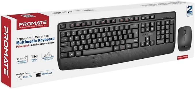 Promate ProCombo-14 English/Arabic Wireless Keyboard and Mouse Combo, 2.4GHz Wireless with Built-In Palm Rest, Multi-Grip 1200 DPI Mouse, Nano USB Receiver - Black