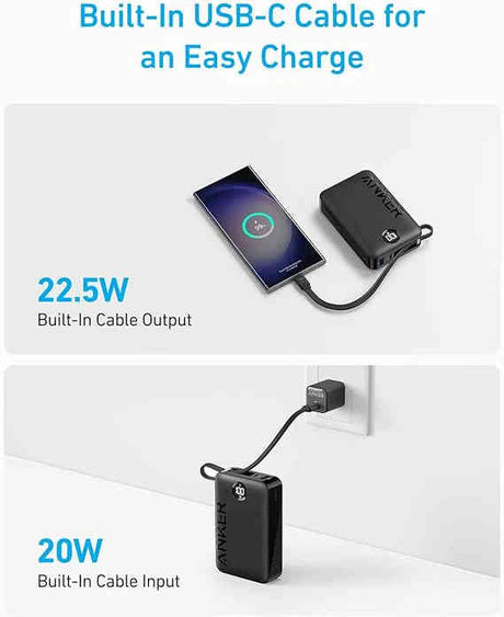 A1647H11 Anker 335 Power Bank (20K 22.5W PD, Built-In USB-C Cable) - Black