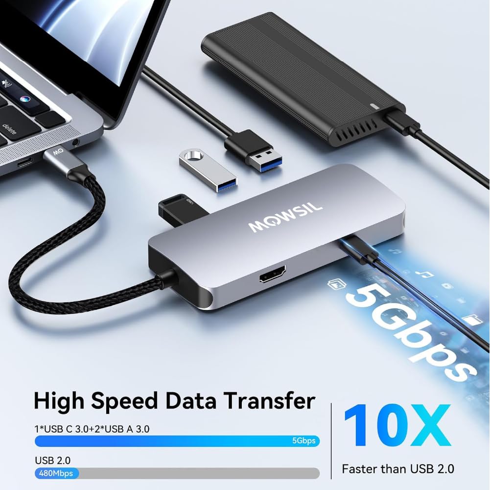 محطة إرساء موسيل 6 في 1 USB-C | HDMI بدقة 4K بمعدل 60 هرتز، شحن سريع بقدرة 100 واط، منفذ RJ45، منفذي USB 3.0 ومنفذ USB-C لنقل البيانات | متوافقة مع MacBook و iPad