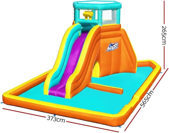 BESTWAY 5.65M X 3.73M X 2.65M TIDAL TOWER MEGA WATER PARK (Contents:1 slide, 1 blower(stakes included), 1 repair kit (multiple assorted patches), 1 storage bag,13 bouncer stakes, 1 waters spraying hose,) Age 5+ / 53385