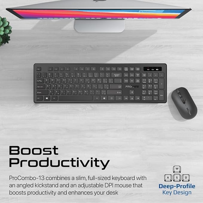 Promate ProCombo-13 English/Arabic Wireless Keyboard And Mouse Combo, Slim Full-Size 2.4Ghz Wireless Keyboard With 1600 DPI Ambidextrous Mouse, Nano USB Receiver, Quiet Keys - Black