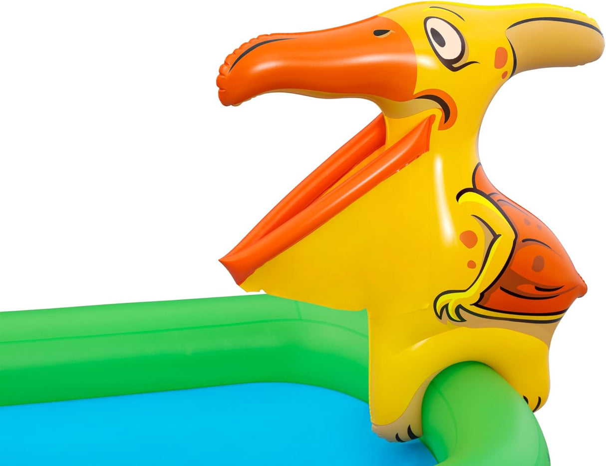 BESTWAY 2.41M X 1.40M X 1.37M JURASSIC SPLASH PLAY CENTER (1 pool, 3 fish shaped rings,1 triceratops ring target, 1 pteranodon ball catch, 1 pteranodon, 1 T-rex, 4 play balls, repair patch.) Age 2+ / 53160