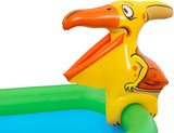 BESTWAY 2.41M X 1.40M X 1.37M JURASSIC SPLASH PLAY CENTER (1 pool, 3 fish shaped rings,1 triceratops ring target, 1 pteranodon ball catch, 1 pteranodon, 1 T-rex, 4 play balls, repair patch.) Age 2+ / 53160