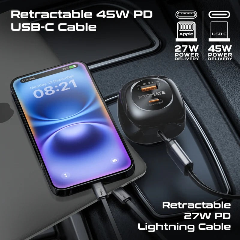 Promate 81W Multi-Port Car Charger with Retractable USB-C & Lightning Cables  - BLACK