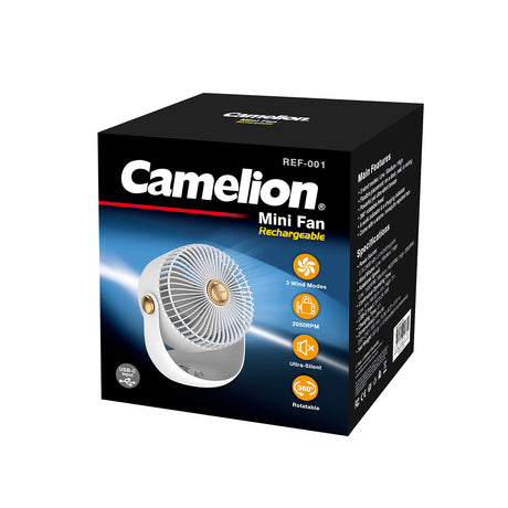 Rechargeable fan,white color,ABS material, product size(LxWxH):150x150x289mm,built-in 3.7V 2400mah 18650 battery pack by Camelion