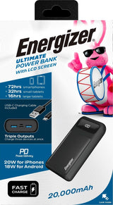 Energizer Ultimate 20000 mAh Power Bank, 22.5W,  Triple Output, with Power Delivery 20W, LCD Indicator, Black