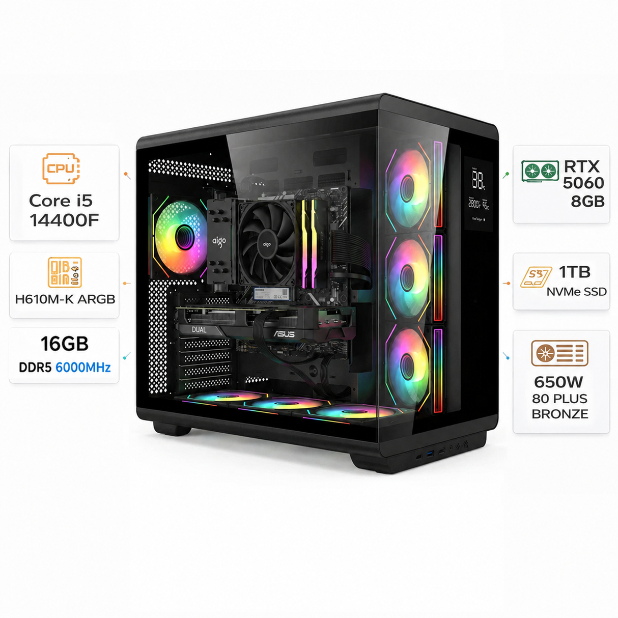 Custom Gaming Pc Intel Core i5-14400F, RTX 5060 8GB, (1*16)16GB RAM DDR5 6000MHz, 1TB SSD, Windows 11 Pro