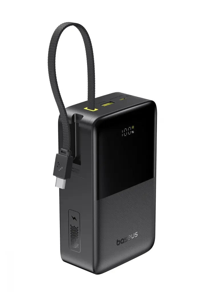 بنك طاقة Baseus EnerFill FC51 Bipow2 Pro بشاشة عرض رقمية وكابل مدمج، سعة 30000 مللي أمبير، قدرة 22.5 واط - أسود كوني