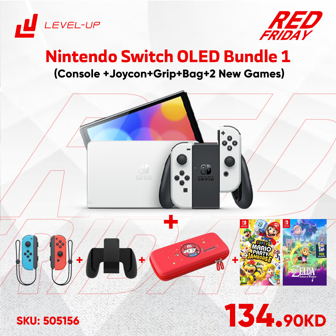 Nintendo Switch OLED Bundle 1: (Console +Joycon+Grip+Bag+2 New Games Mario Party Jamboree & Legend of Zelda: Echoes of Wisdom)