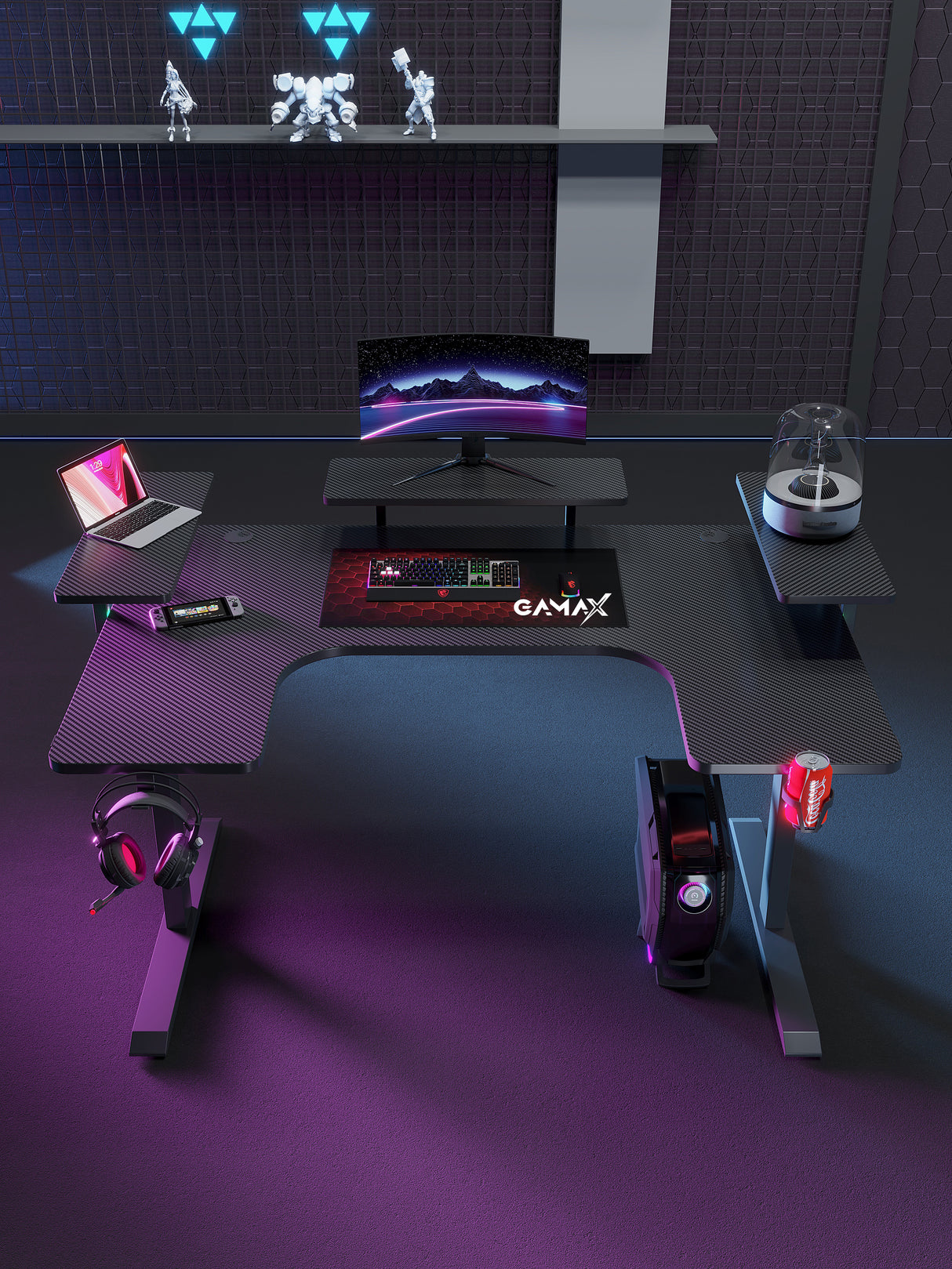 Gamax P203 RGB Carbon Fiber Gaming Workstation Desk with Multi-Level Shelves & Mousepad 160x100x74 cm - Black (Installation Not Included)