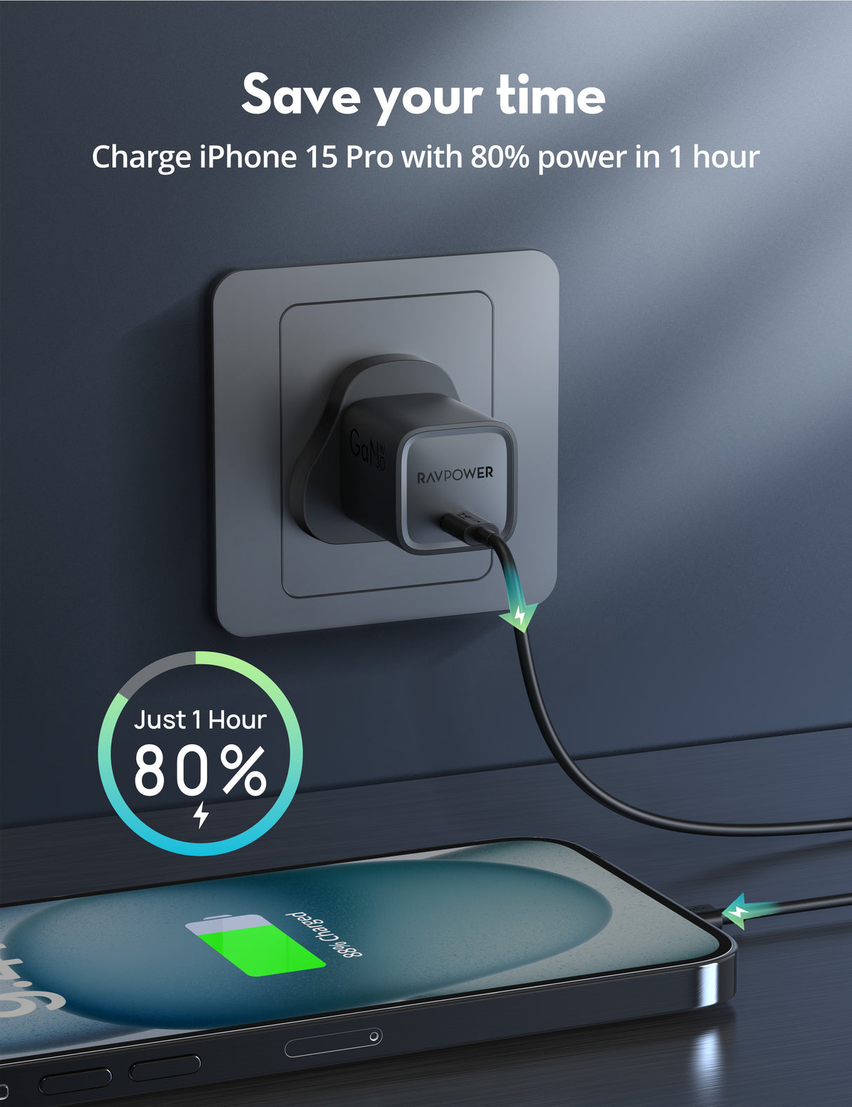 راف باور RP-PC1056 ميني شاحن USB-C GaN بقوة 30 واط أسود — RP-PC1056B