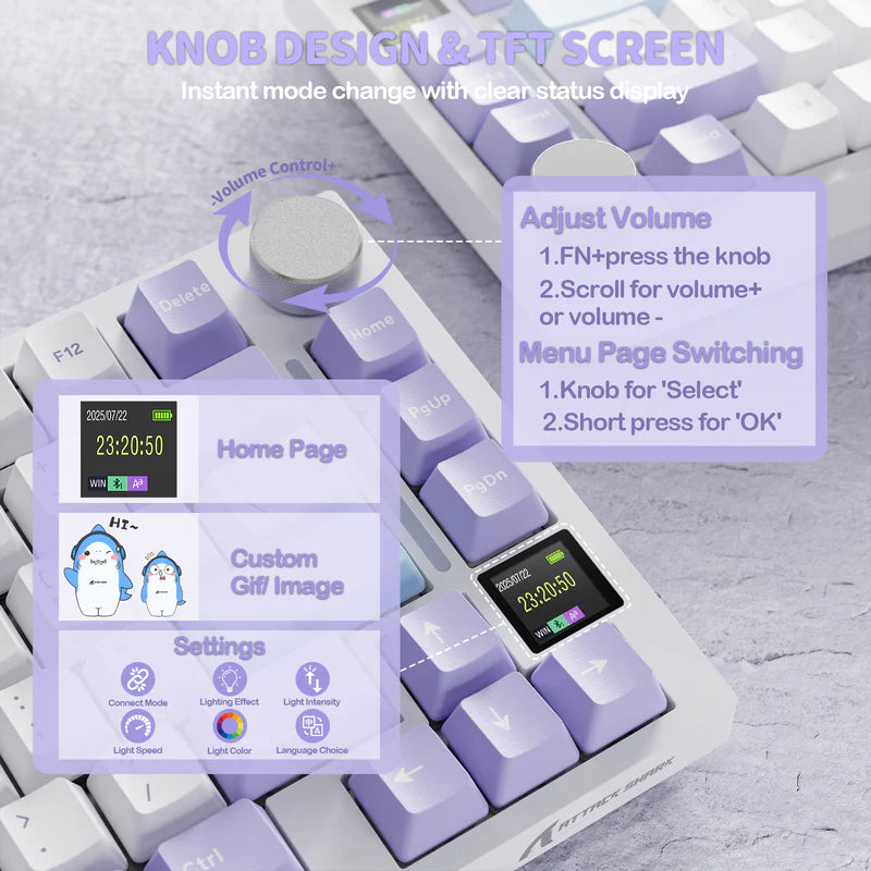 لوحة مفاتيح ميكانيكية ATTACK SHARK X820 Ultra Tri-Mode 75% Gasket - Star White Lavender + Shark Switch