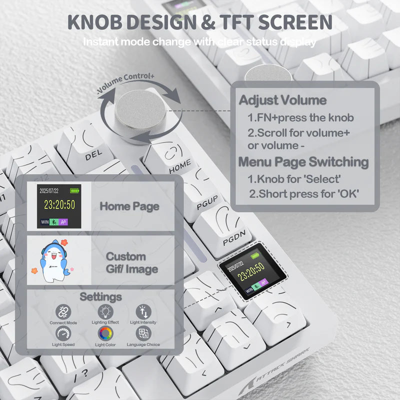 ATTACK SHARK X820 Ultra Tri-Mode 75% Gasket Mechanical Keyboard - White Contours + Shark Switch
