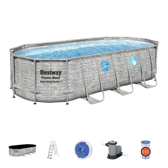 BESTWAY 5.49M X 2.74M X 1.22M OVAL POOL SET (Contents:One Pool, Filter Pump(220-240V), Ladder, Cover, ChemConnect Dispenser, Compatible with Cartridge 58012(III)220-240V)  56716 (Installation Not Included)