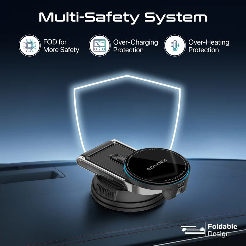 Promate Versatile Ultra-Thin Cradleless 15W MagSafe Compatible Wireless Car Charger  Detachable base  - Black