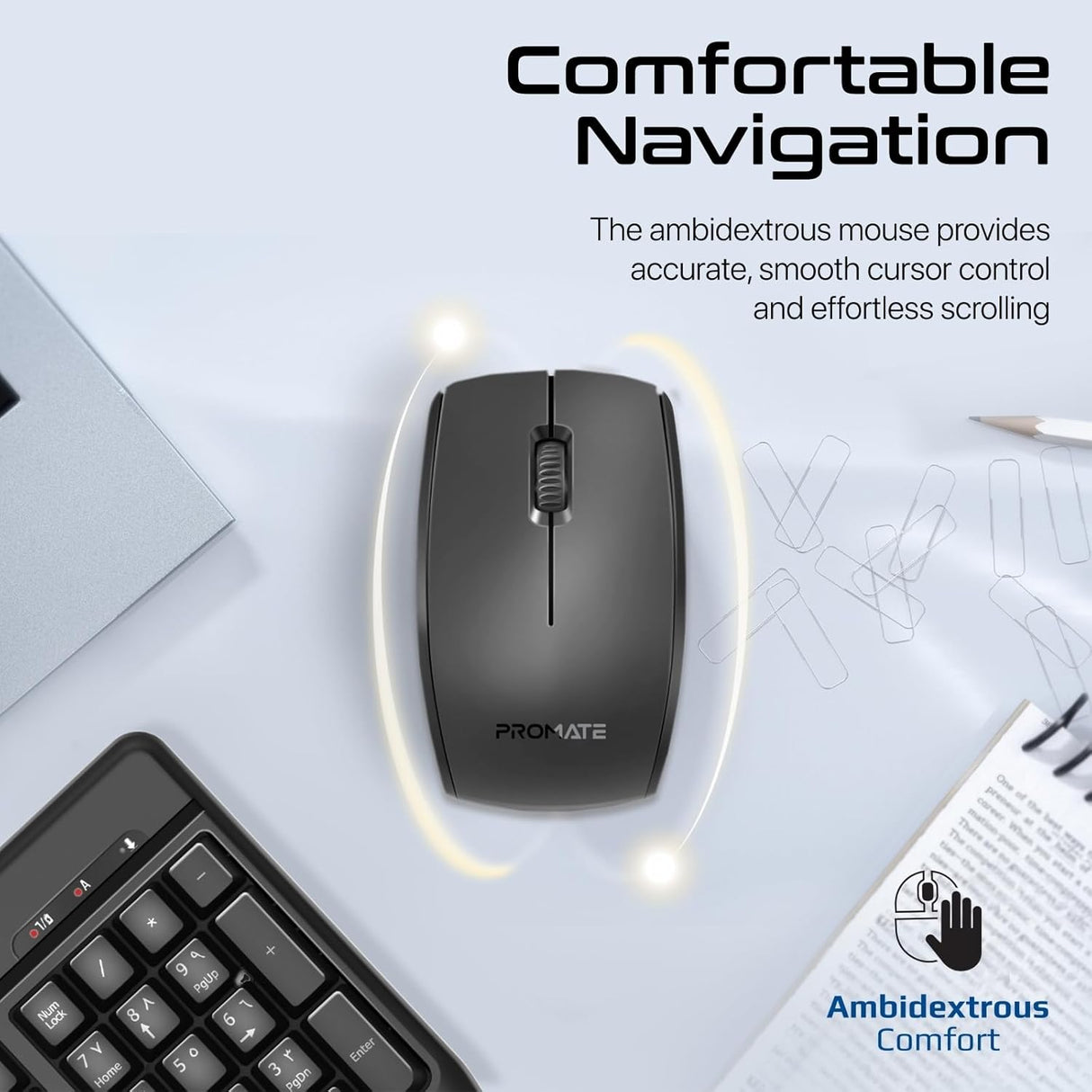 Promate ProCombo-14 English/Arabic Wireless Keyboard and Mouse Combo, 2.4GHz Wireless with Built-In Palm Rest, Multi-Grip 1200 DPI Mouse, Nano USB Receiver - Black