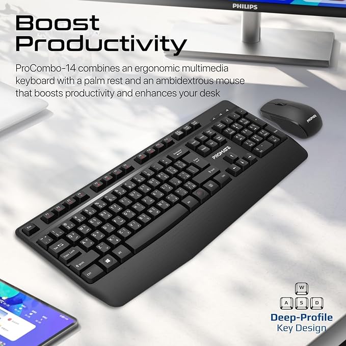 Promate ProCombo-14 English/Arabic Wireless Keyboard and Mouse Combo, 2.4GHz Wireless with Built-In Palm Rest, Multi-Grip 1200 DPI Mouse, Nano USB Receiver - Black