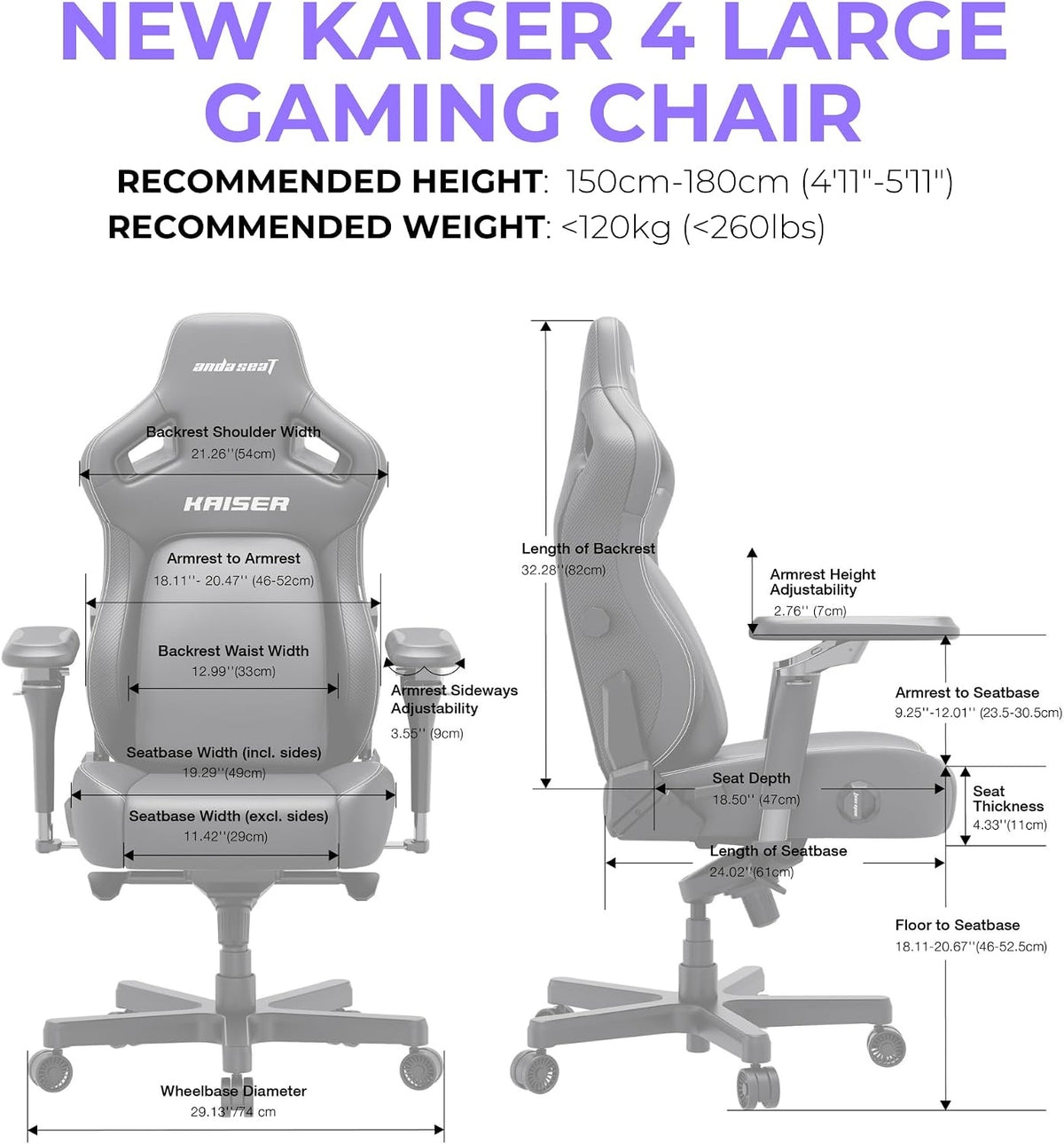 AndaSeat New Kaiser 4 6D Armrest Large Fabric Gaming Chair - Grey