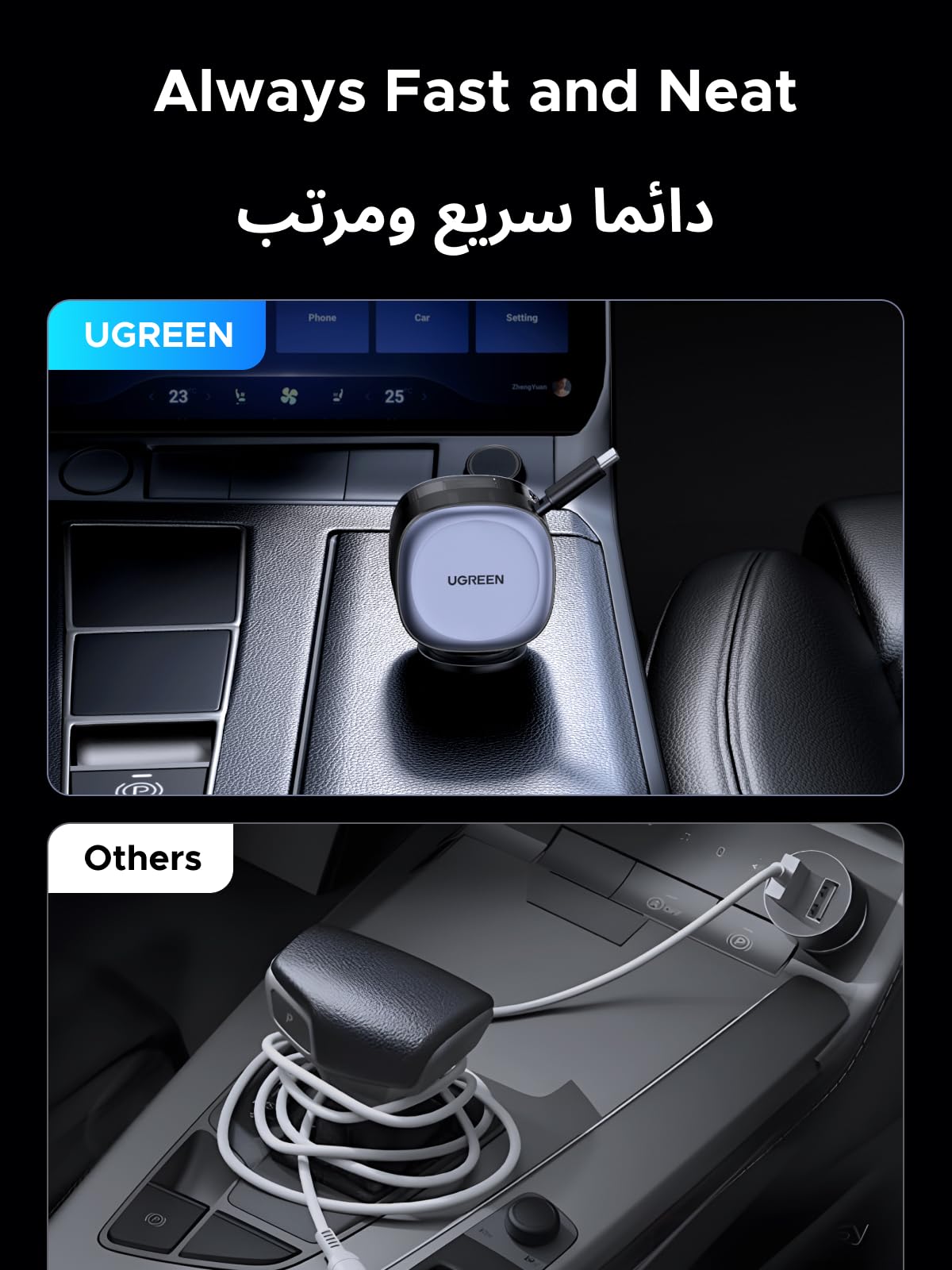يوجرين شاحن سيارة سريع بقدرة خمسة وسبعين واط مع كابل قابل للسحب من نوع سي ومنفذ إضافي، لون رمادي فضائي