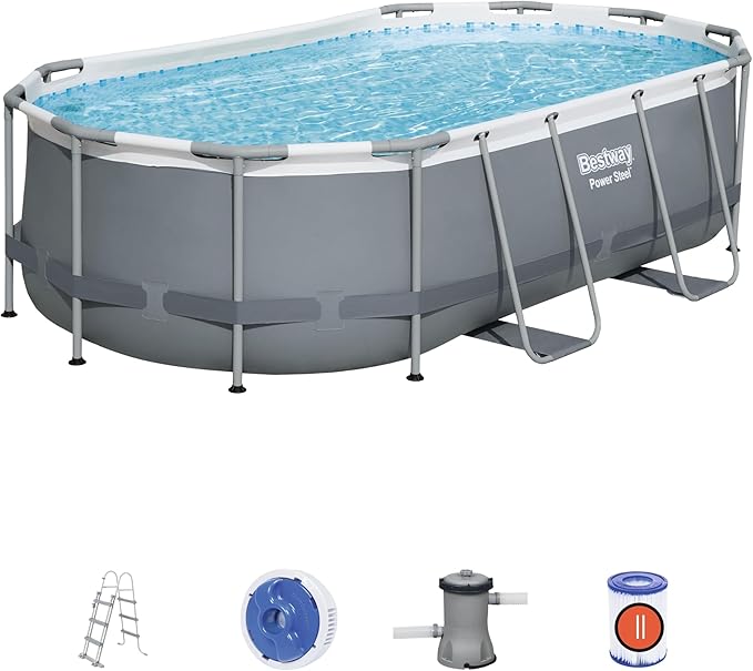 BESTWAY 4.27M X 2.50M X 1.00M OVAL POOL SET (Contents:One Pool, Filter Pump(220-240V), Ladder, ChemConnect Dispenser, Compatible with Cartridge 58094(II)220-240V)  56620 (Installation Not Included)