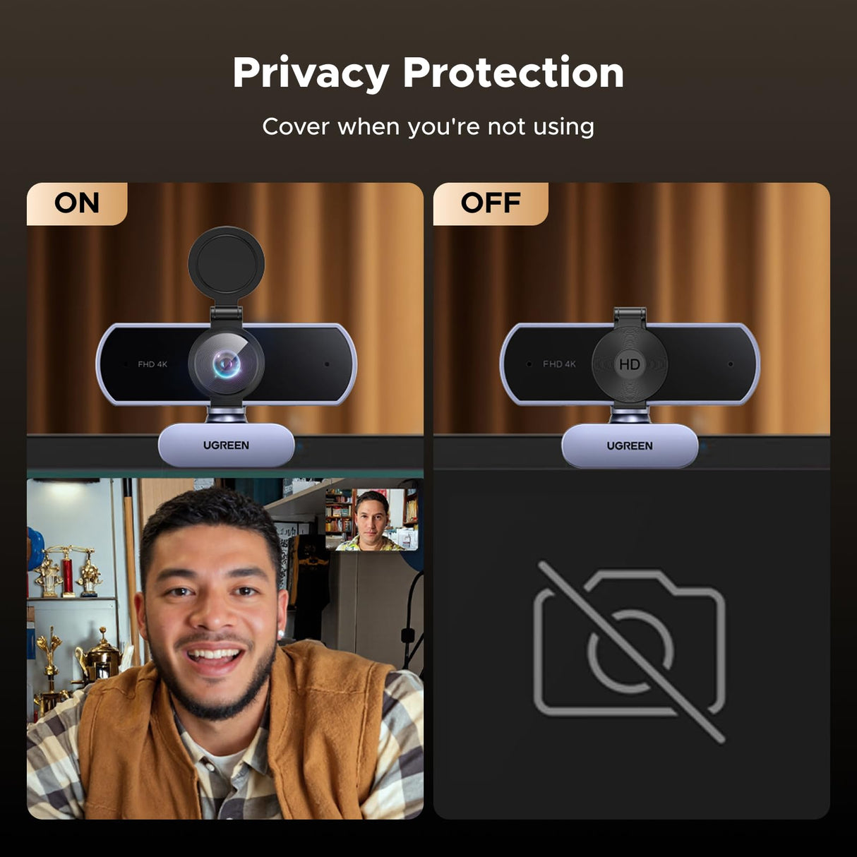 كاميرا ويب UGREEN بدقة 4K للكمبيوتر مع ميكروفون وغطاء خصوصية وزاوية تصوير 70° (CM831 – 65381)