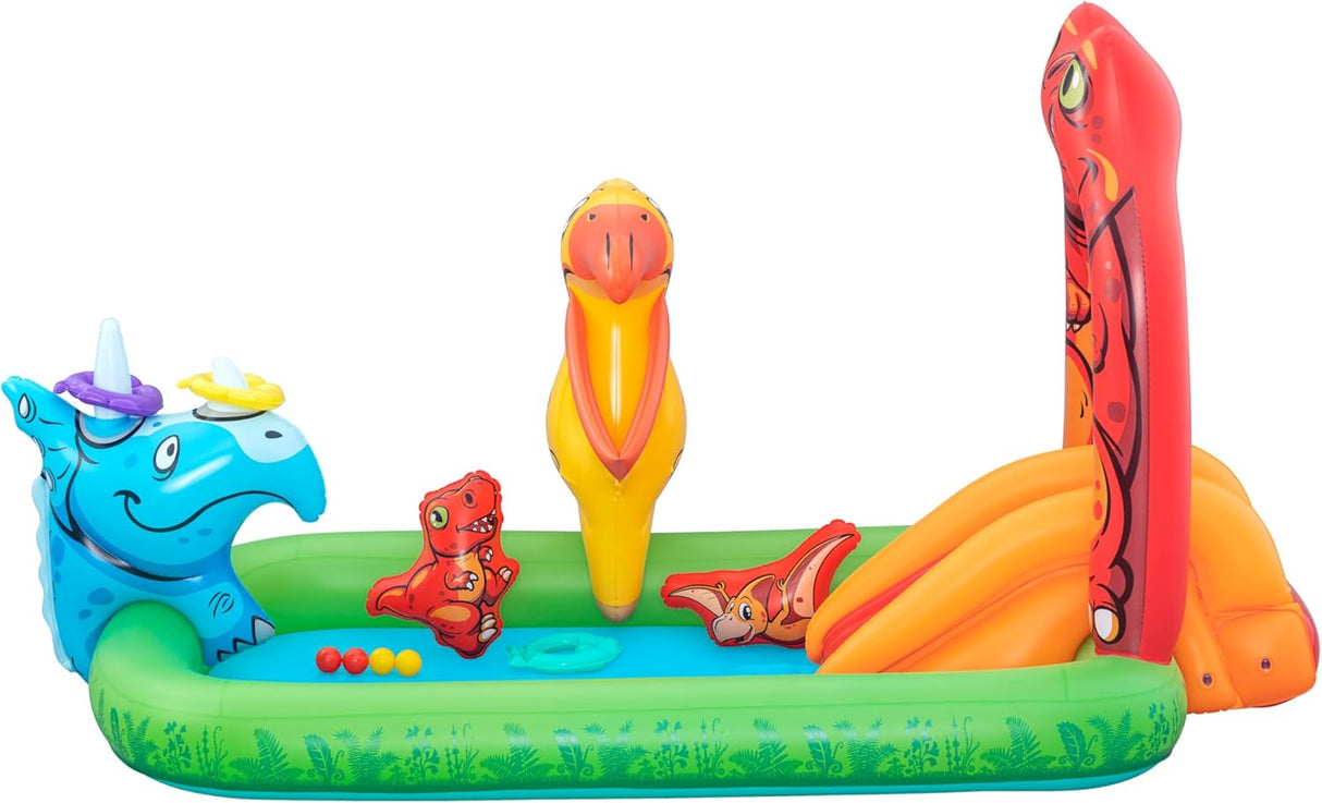 BESTWAY 2.41M X 1.40M X 1.37M JURASSIC SPLASH PLAY CENTER (1 pool, 3 fish shaped rings,1 triceratops ring target, 1 pteranodon ball catch, 1 pteranodon, 1 T-rex, 4 play balls, repair patch.) Age 2+ / 53160