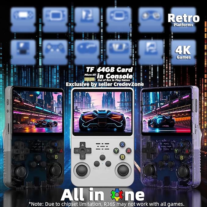 R36S Retro Handheld Video Game Console 3.5 Inch 64GB - Transparent Blue