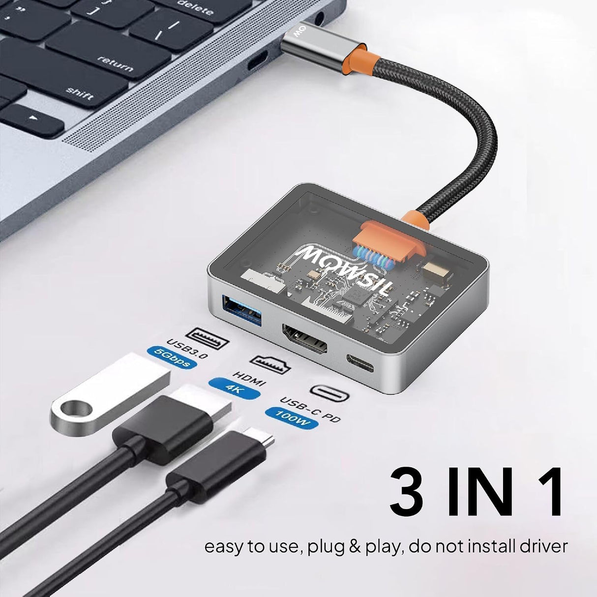 Mowsil USB-C to HDMI Multiport Adapter – 4K@60Hz, USB-A 5Gbps & 100W PD, Zinc Alloy 3-in-1 Dock for MacBook
