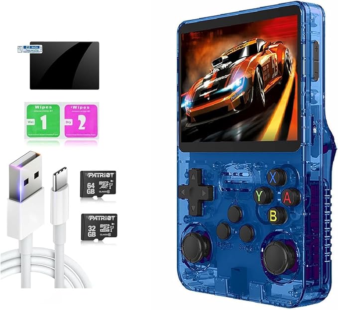 R36S Retro Handheld Video Game Console 3.5 Inch 64GB - Transparent Blue