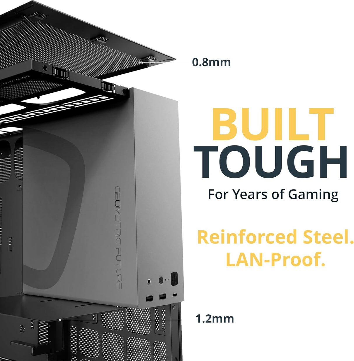 صندوق حاسوب متوسط الحجم بزجاج شفاف مع خمس مراوح، أسود ورمادي