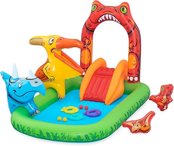 BESTWAY 2.41M X 1.40M X 1.37M JURASSIC SPLASH PLAY CENTER (1 pool, 3 fish shaped rings,1 triceratops ring target, 1 pteranodon ball catch, 1 pteranodon, 1 T-rex, 4 play balls, repair patch.) Age 2+ / 53160
