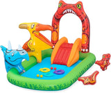 BESTWAY 2.41M X 1.40M X 1.37M JURASSIC SPLASH PLAY CENTER (1 pool, 3 fish shaped rings,1 triceratops ring target, 1 pteranodon ball catch, 1 pteranodon, 1 T-rex, 4 play balls, repair patch.) Age 2+ / 53160