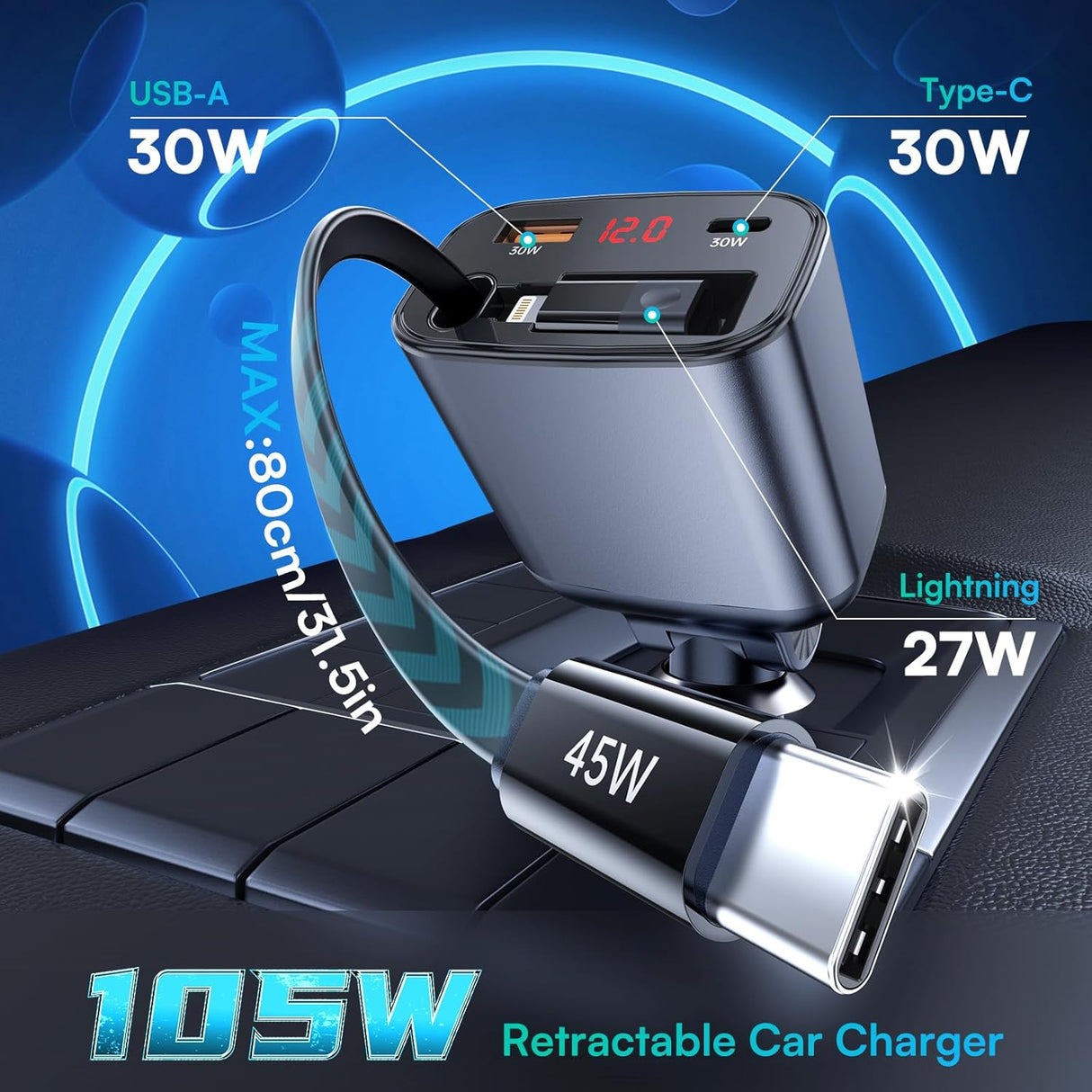 شاحن سيارة Choetech TC0033 بقدرة 105 واط مع كابل مدمج قابل للسحب – أسود
