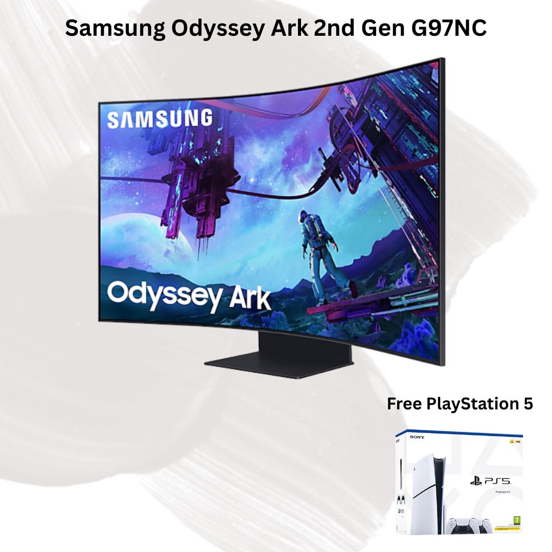 سامسونج اوديسي ارك شاشة العاب منحنية  موديل G97NC, حجم 55 انش , دقة 4K UHD 3840 x 2160, معدل تحديث 165 هيرتز, سرعة استجابة 1 ملي ثانية, يدعم HDMI 2.1, FreeSync Premium Pro بعرض خاص يشمل جهاز بلايستيشن 5 نسخة السي دي بذراعين مجانا