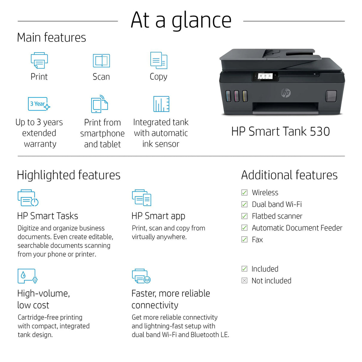 طابعة HP Smart Tank 530 اللاسلكية متعددة الوظائف - 11 صفحة في الدقيقة / 4800 نقطة في البوصة / A4 / USB / Wi-Fi / Bluetooth / طابعة نفث الحبر الملونة - 4SB24A