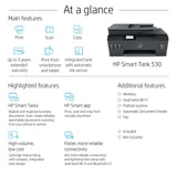 طابعة HP Smart Tank 530 اللاسلكية متعددة الوظائف - 11 صفحة في الدقيقة / 4800 نقطة في البوصة / A4 / USB / Wi-Fi / Bluetooth / طابعة نفث الحبر الملونة - 4SB24A