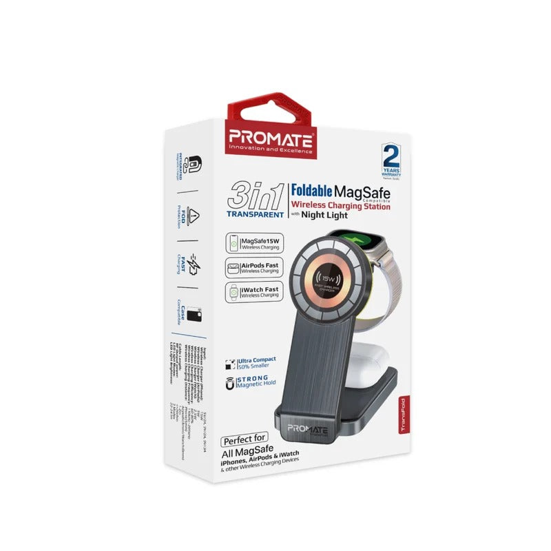 Promate 3 in 1 Transparent Foldable MagSafe Compatible Wireless Charging Station with Night Light  - Black